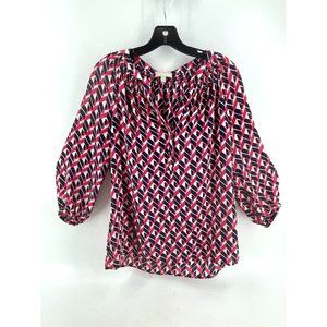 Banana Republic Women's Pink Navy Peasant Top Blouse V Neck Sheer Sz Small